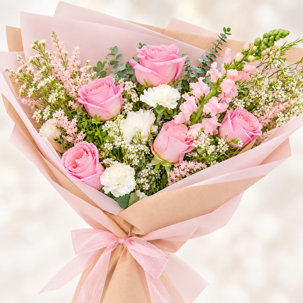 A floral bouquet wrapped in blush pink tissue paper and kraft paper with a sheer pink ribbon, featuring pink roses, white carnations, and green foliage on a soft white background.