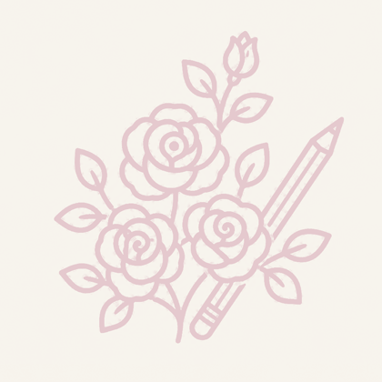 A minimalist pale pink line-art icon of three roses and a pencil centered on a solid off-white background.