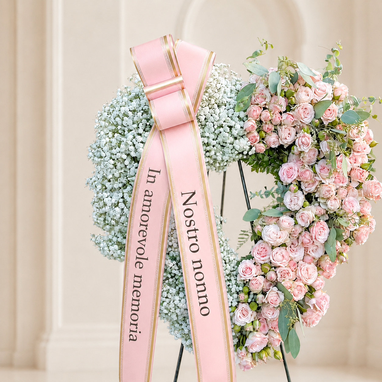 A memorial floral wreath and hanging bouquet arrangement with pale pink roses, baby's breath, green foliage, and a wide pink ribbon with gold trim. The ribbon is printed with the words 'Nostro nostro' and 'In amorevole memoria'.