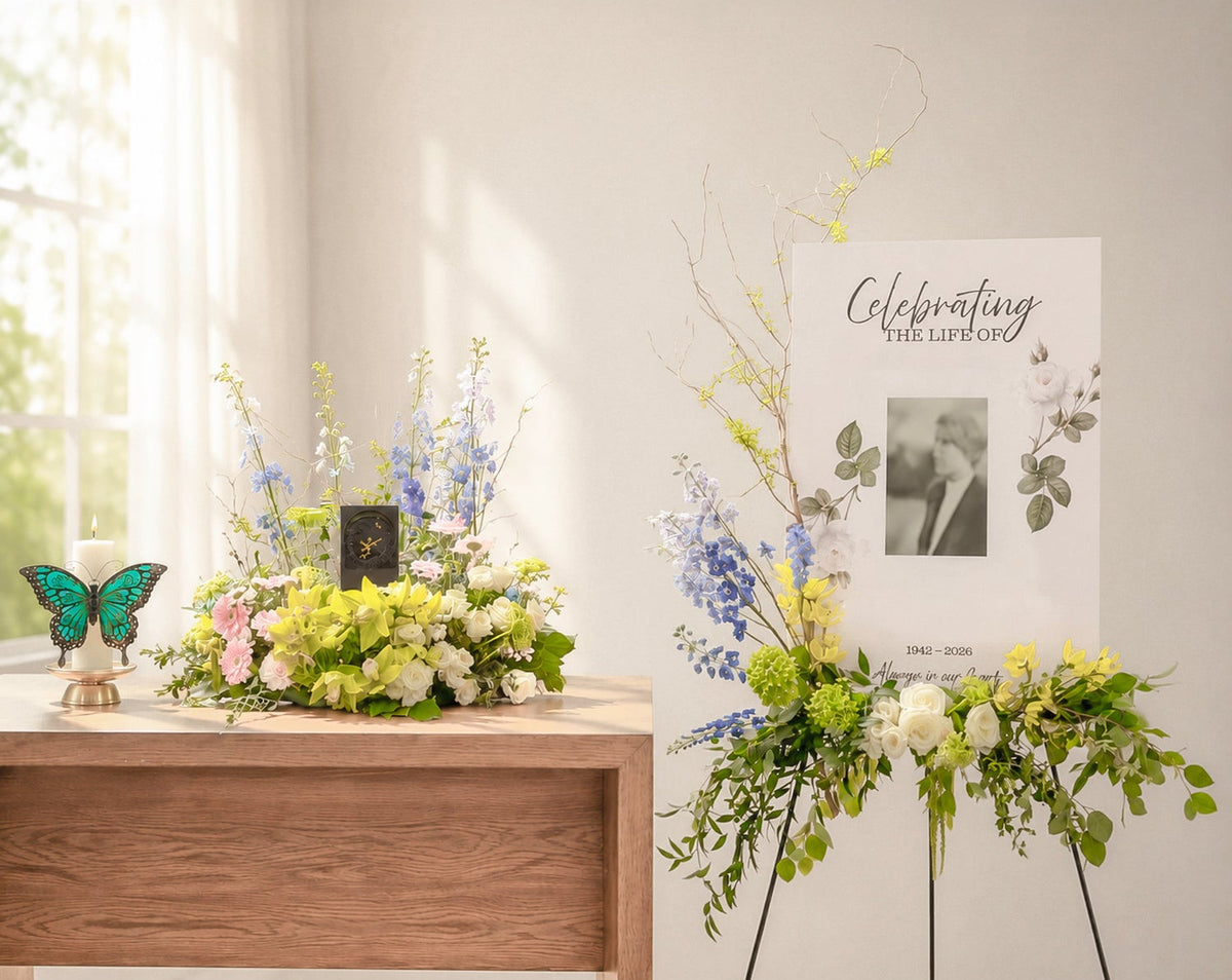 Custom celebration of life flowers featuring blue delphiniums, yellow orchids, white roses and greenery beside a memorial portrait.