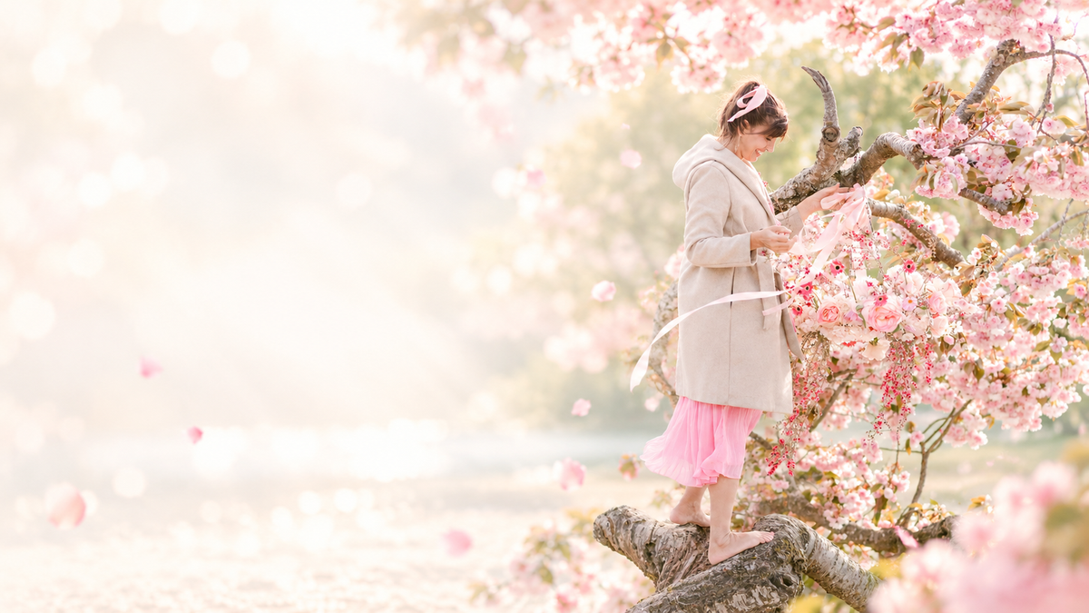 A Florist in a light beige coat and pink Dress stands on a tree branch surrounded by blooming pink cherry blossoms in a soft, dreamy outdoor setting installing a fresh flower chandelier on the tree