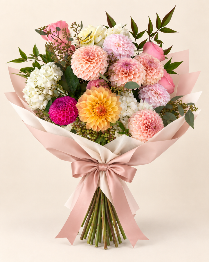 A vibrant flower bouquet featuring pink, peach, yellow, and white dahlias, white hydrangeas, and green foliage, wrapped in light pink paper with a matching pink ribbon bow, set against a solid beige background.