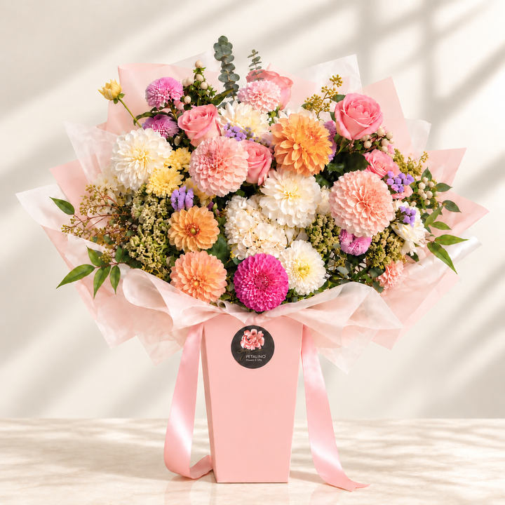 A large, vibrant floral bouquet wrapped in light pink tissue paper and presented in a matching pink box with a pink ribbon. The bouquet features a variety of colorful flowers including pink, orange, yellow, white, and purple blossoms with green foliage, set against a softly lit, sun-dappled cream background.