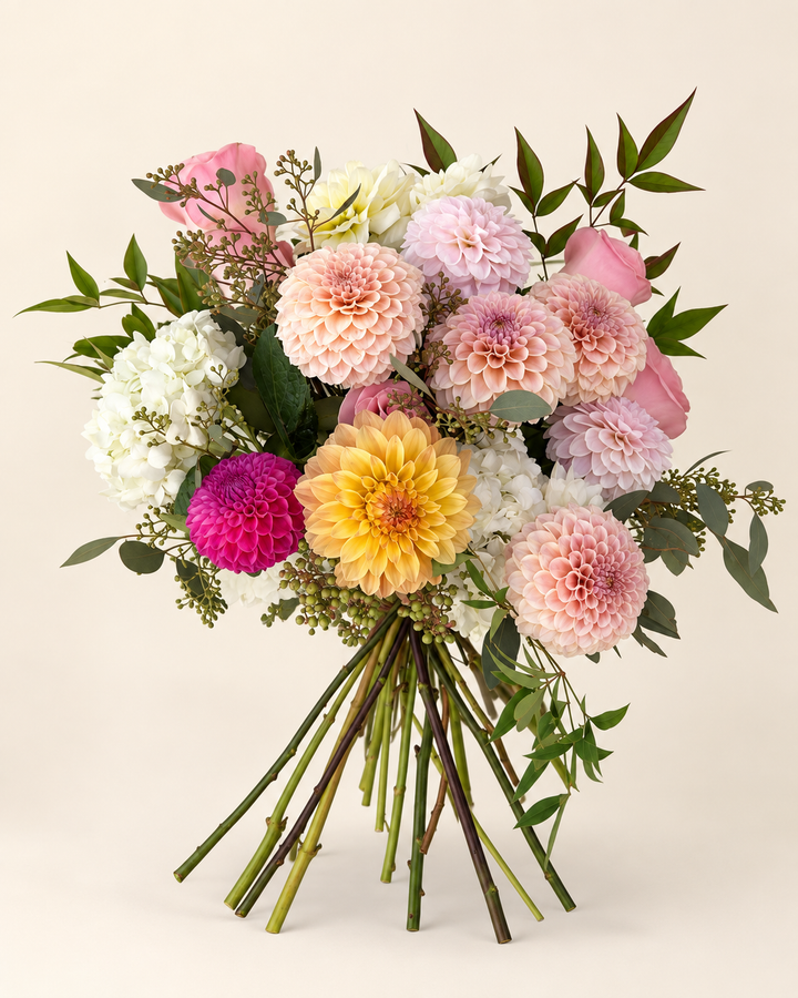 A vibrant floral bouquet featuring pink, peach, yellow, and magenta dahlias, white hydrangeas, and green foliage, arranged on a light beige background.