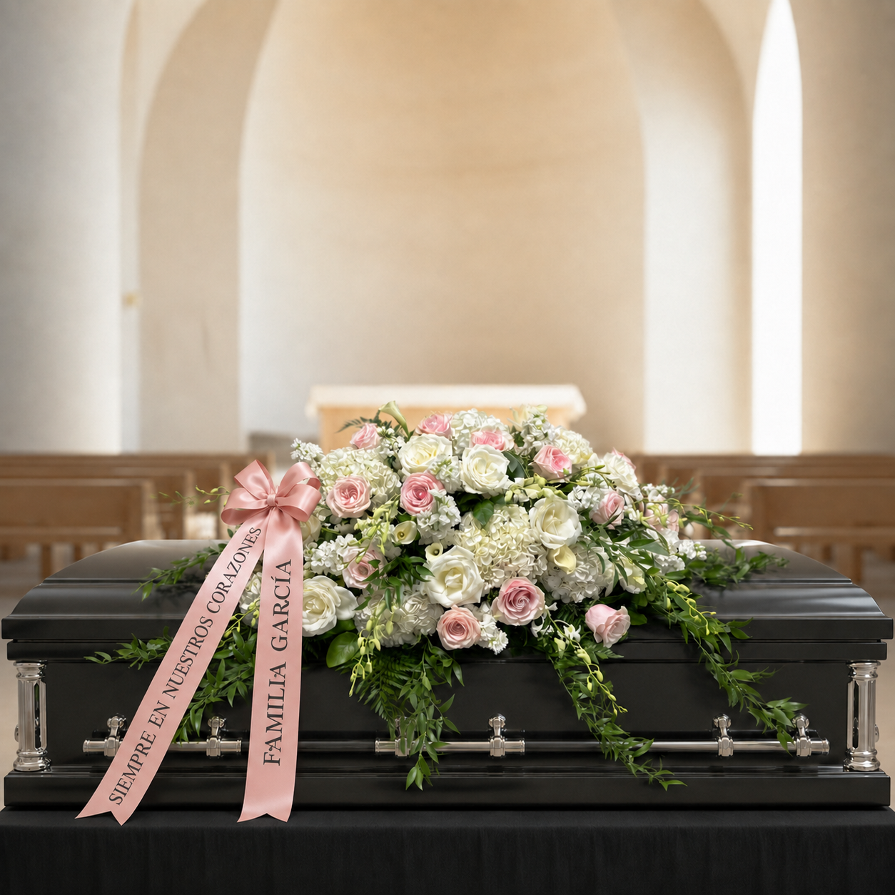 Casket spray with Spanish ribbon 