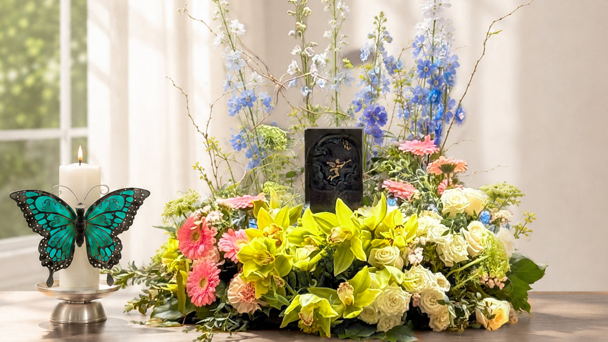 A floral arrangement on a wooden table in a bright room, featuring yellow lilies, pink and cream roses, blue delphiniums, green foliage, a small black urn, and a turquoise butterfly candle holder beside it.