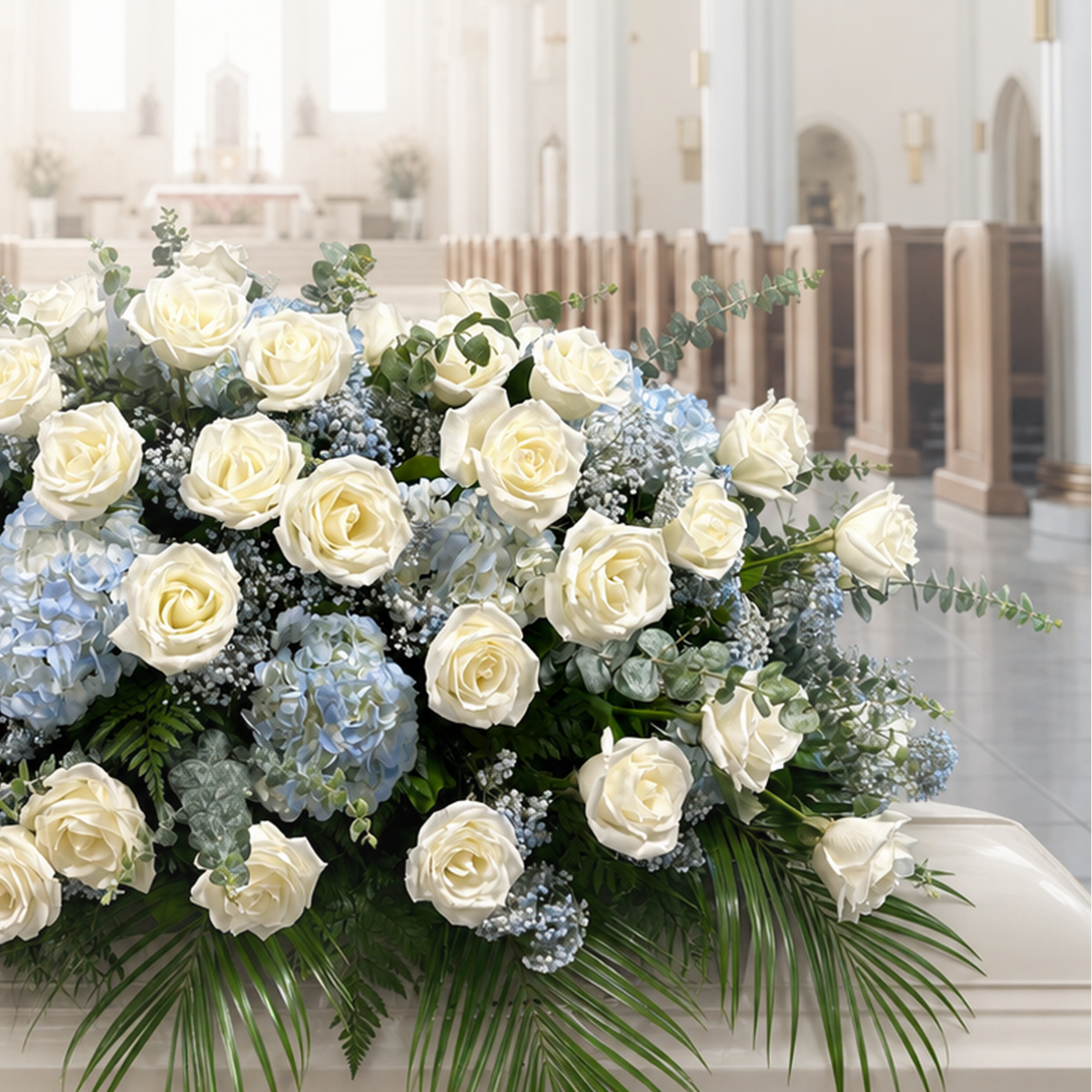 A large floral arrangement of white and light blue roses with green foliage, displayed on a white casket in a bright, softly blurred church interior.