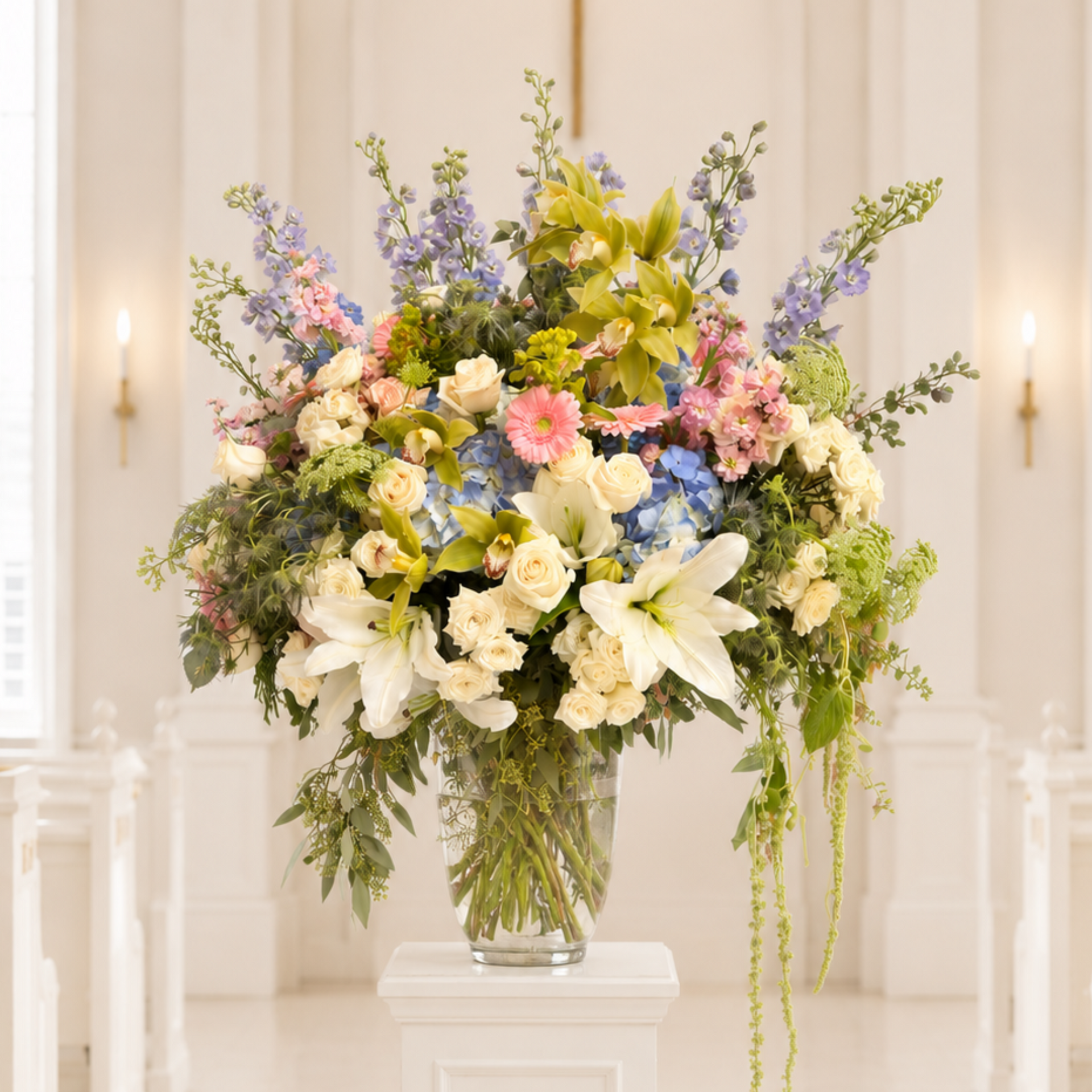 A large, vibrant floral arrangement in a clear glass vase, displayed on a white pedestal inside a bright, elegant church hall with a wooden cross on the wall behind.