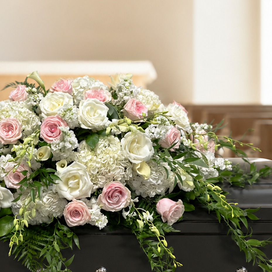 A black casket in a church setting, decorated with a large floral arrangement featuring pink and white roses, white hydrangeas, and green foliage.