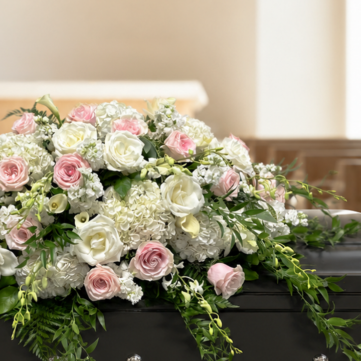 A black casket in a church setting, decorated with a large floral arrangement featuring pink and white roses, white hydrangeas, and green foliage.
