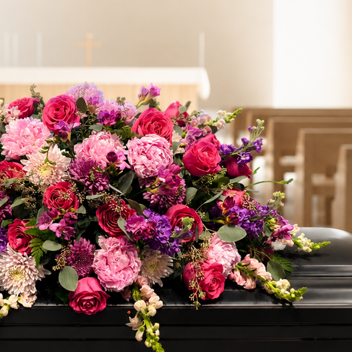 A vibrant floral arrangement in shades of pink, purple, and white with green foliage, displayed on a black casket inside a softly blurred church interior.
