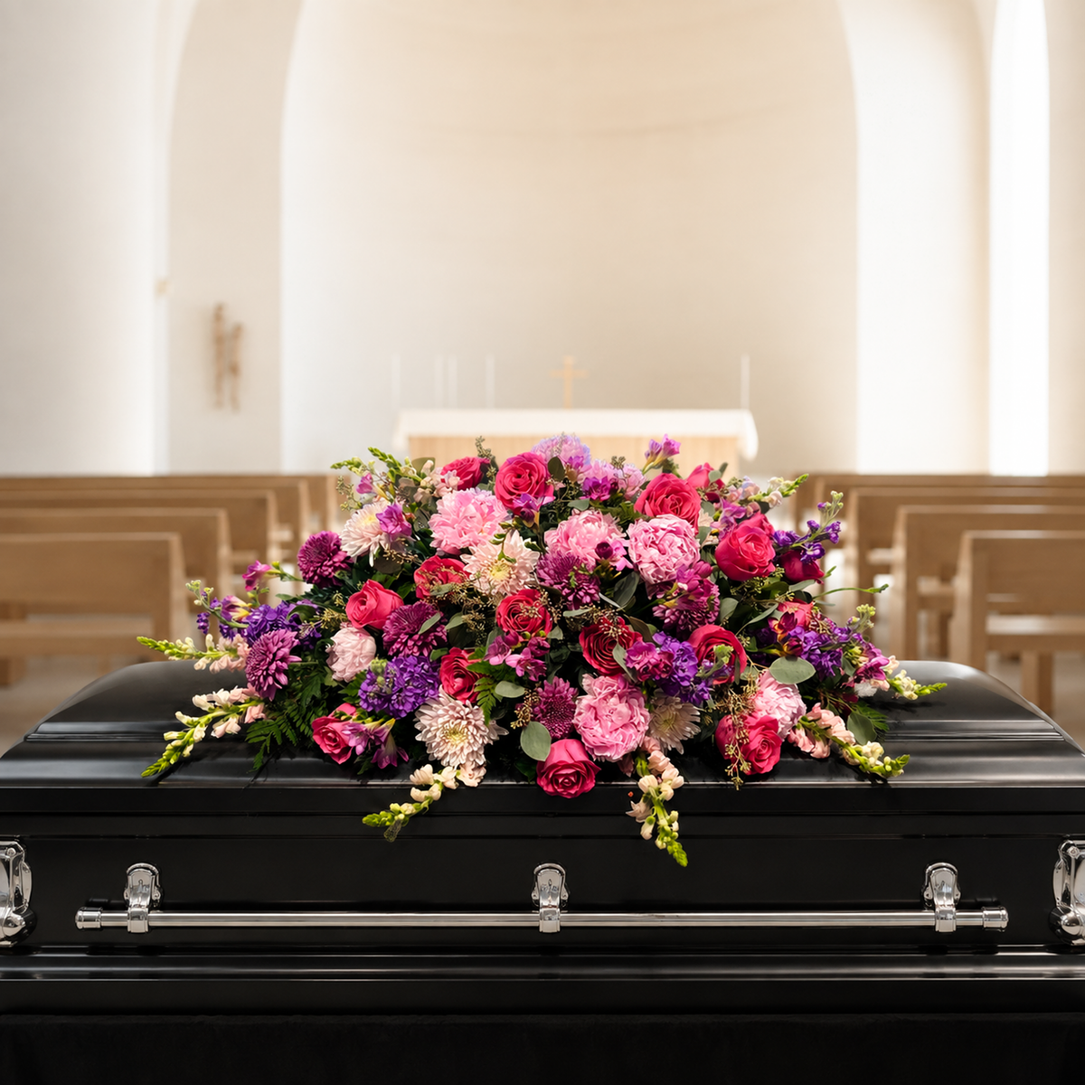 A vibrant floral arrangement in shades of pink, purple, and white with green foliage, displayed on a black casket inside a softly blurred church interior.
