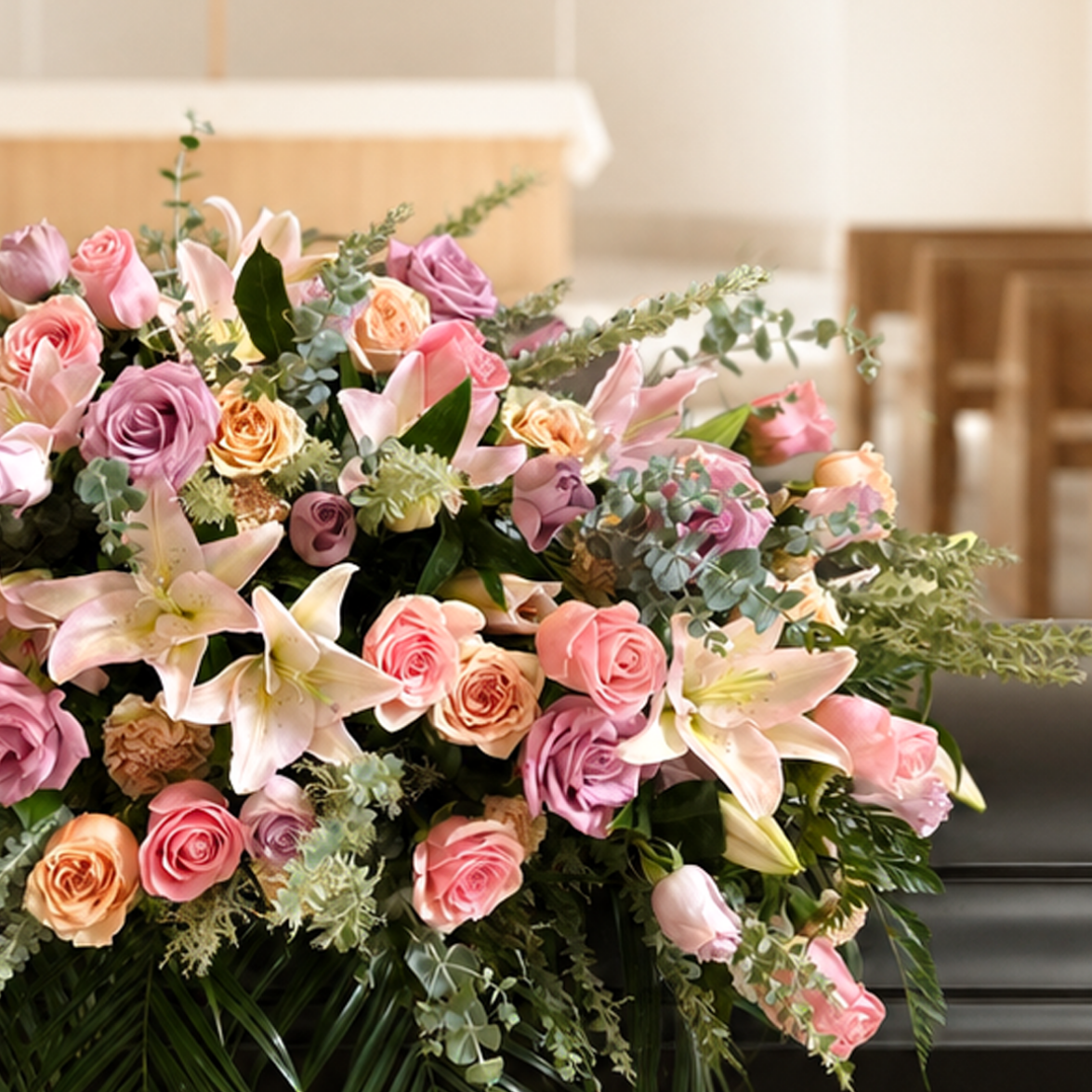 A floral casket bouquet with pink roses, lilies, and green foliage arranged on a black casket in a softly blurred church interior.