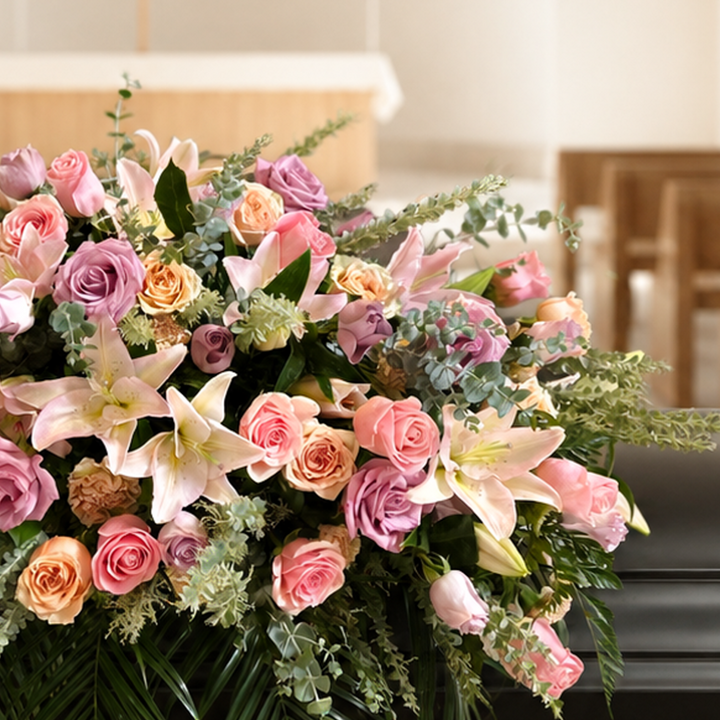 A floral casket bouquet with pink roses, lilies, and green foliage arranged on a black casket in a softly blurred church interior.