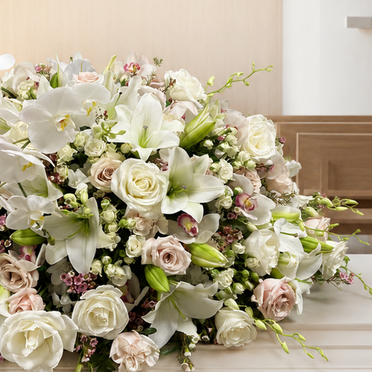 A large white and pale pink floral arrangement with lilies, roses, and green foliage displayed across the top of a white casket in a church setting with wooden pews and an arched wall behind it.