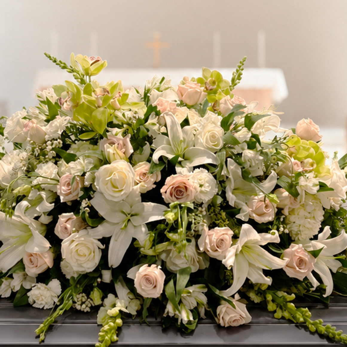 A large floral casket arrangement with white lilies, cream roses, and green foliage displayed on a dark casket inside a softly blurred church interior.