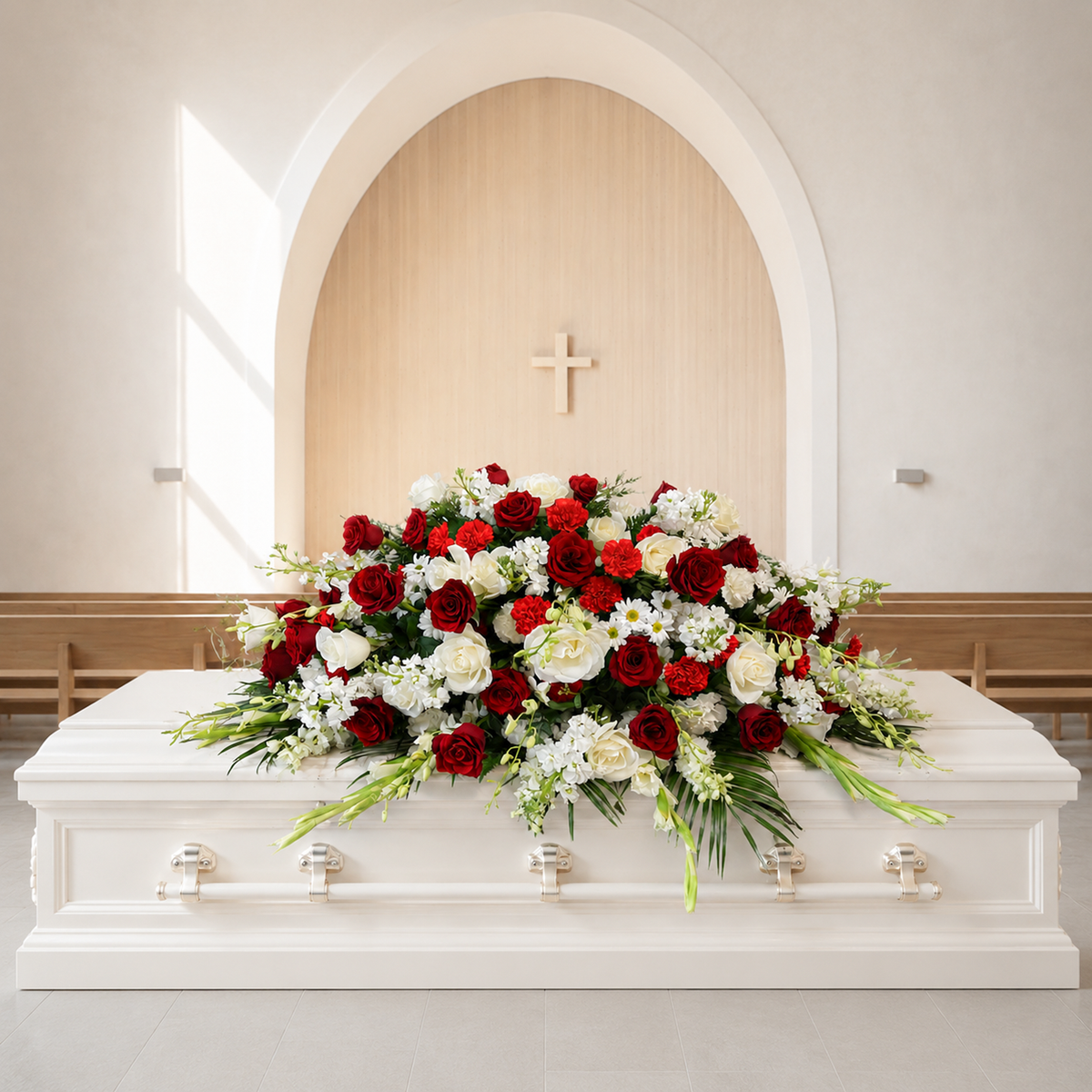 A large floral casket arrangement with red and white roses and green foliage displayed on a white casket inside a chapel with an arched wooden door and cross in the background.