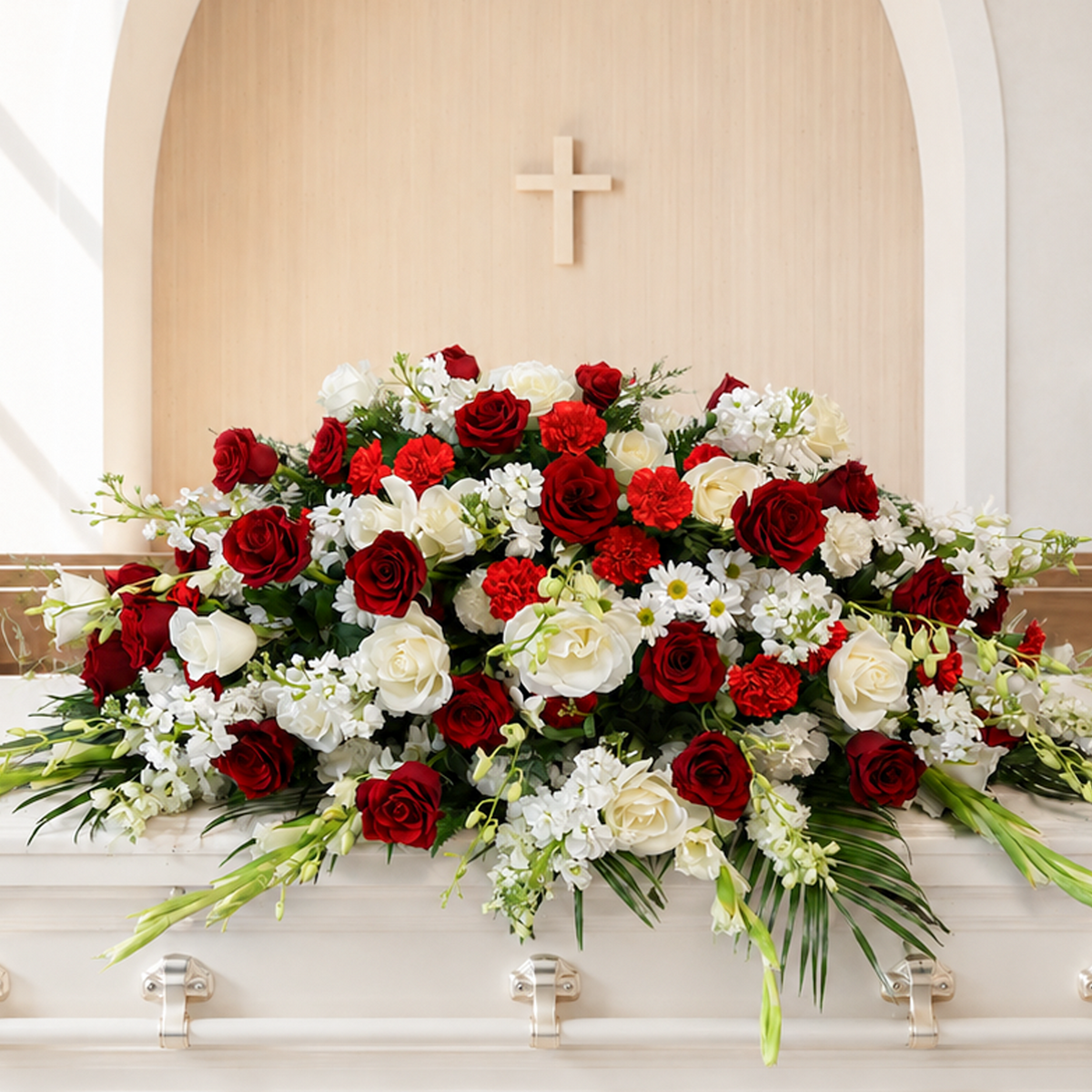 A large floral casket arrangement with red and white roses and green foliage displayed on a white casket inside a chapel with an arched wooden door and cross in the background.