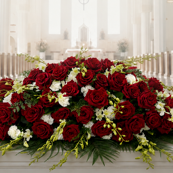 A large floral arrangement of red and white roses with green foliage draped over a white casket in a bright, softly lit church interior with pews and tall columns.