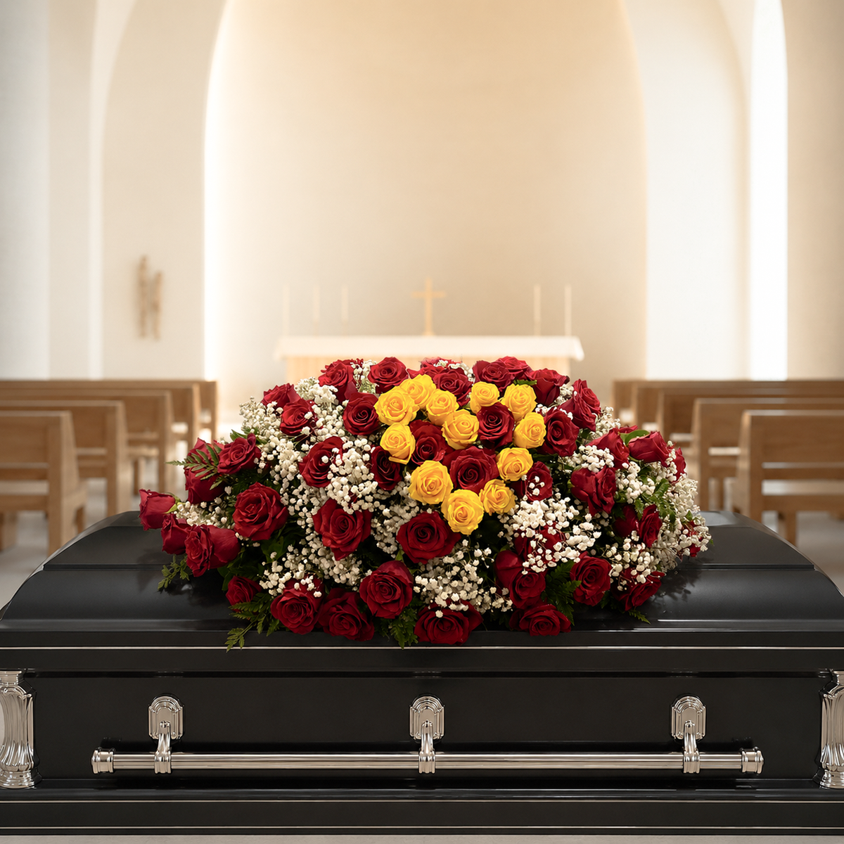 A black casket in a church setting, decorated with a large floral arrangement featuring red and yellow roses and white baby's breath.