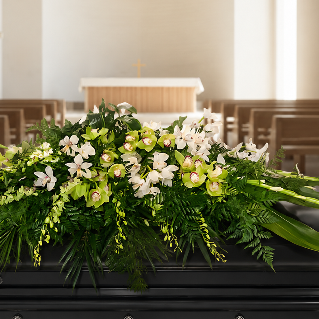 A lush green and white floral casket arrangement with orchids and ferns displayed on a black casket in a softly lit church interior with wooden pews and arched walls in the background.