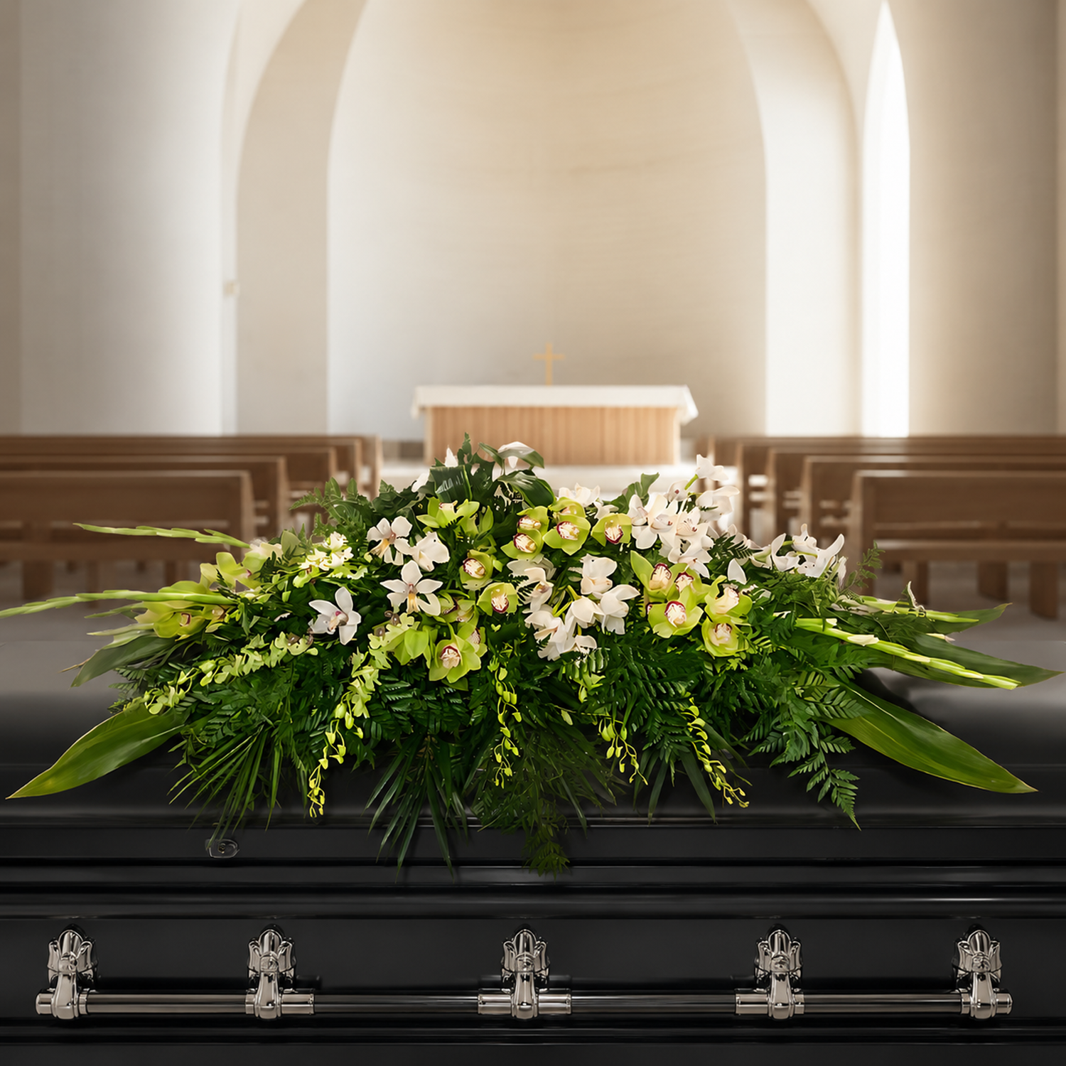 A lush green and white floral casket arrangement with orchids and ferns displayed on a black casket in a softly lit church interior with wooden pews and arched walls in the background.