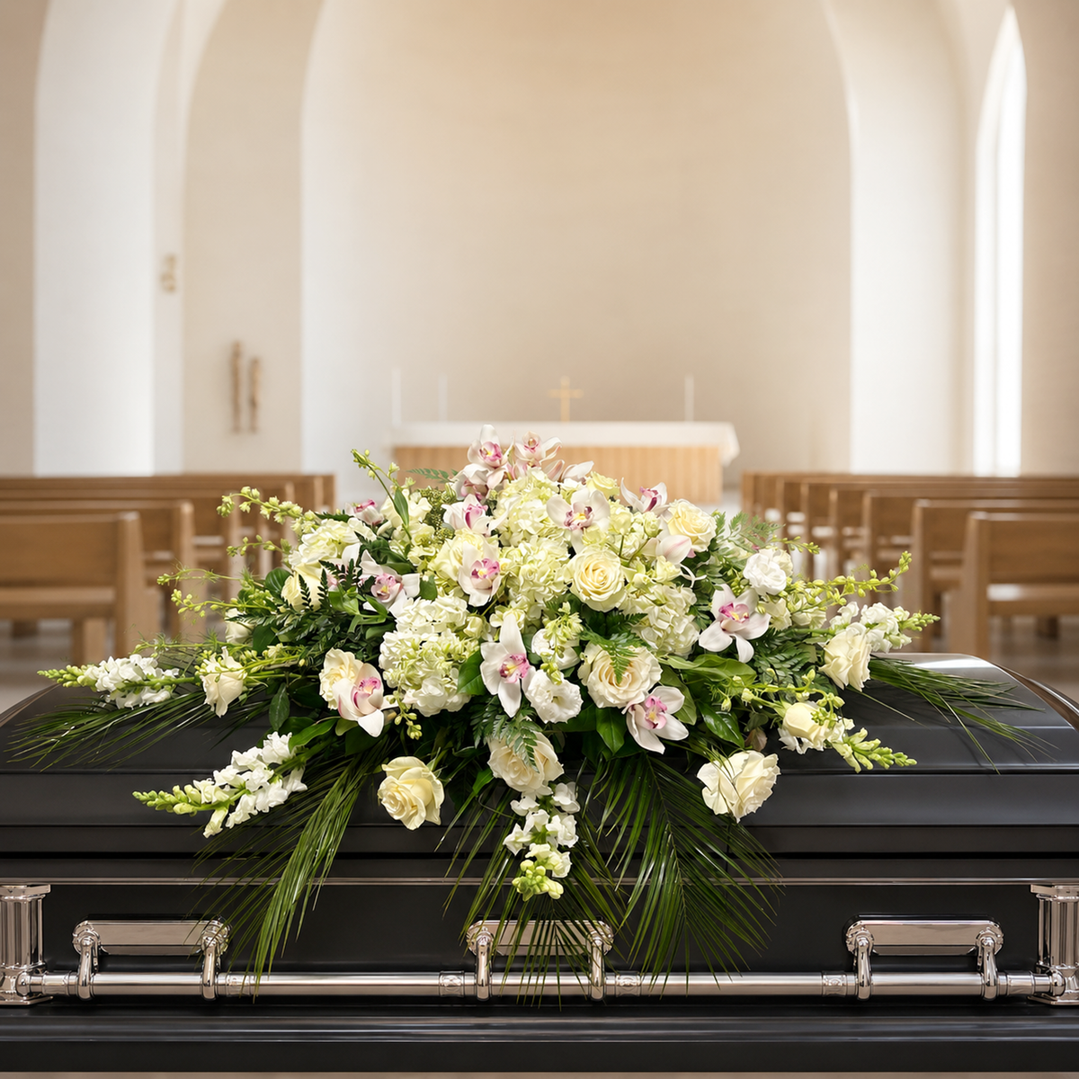 A large floral casket arrangement with white and pale pink flowers and green foliage displayed on a black casket in a church interior.