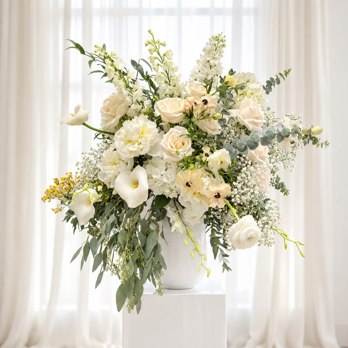 A large white floral arrangement featuring cream roses, calla lilies, baby's breath, and green foliage in a white vase, displayed on a white pedestal in front of sheer white curtains.