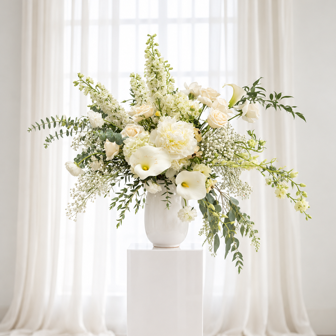 A large white ceramic vase filled with a lush floral arrangement of white and cream flowers and green foliage, displayed on a white pedestal in a bright, sunlit room with sheer white curtains.
