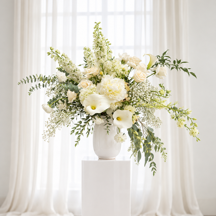 A large white ceramic vase filled with a lush floral arrangement of white and cream flowers and green foliage, displayed on a white pedestal in a bright, sunlit room with sheer white curtains.
