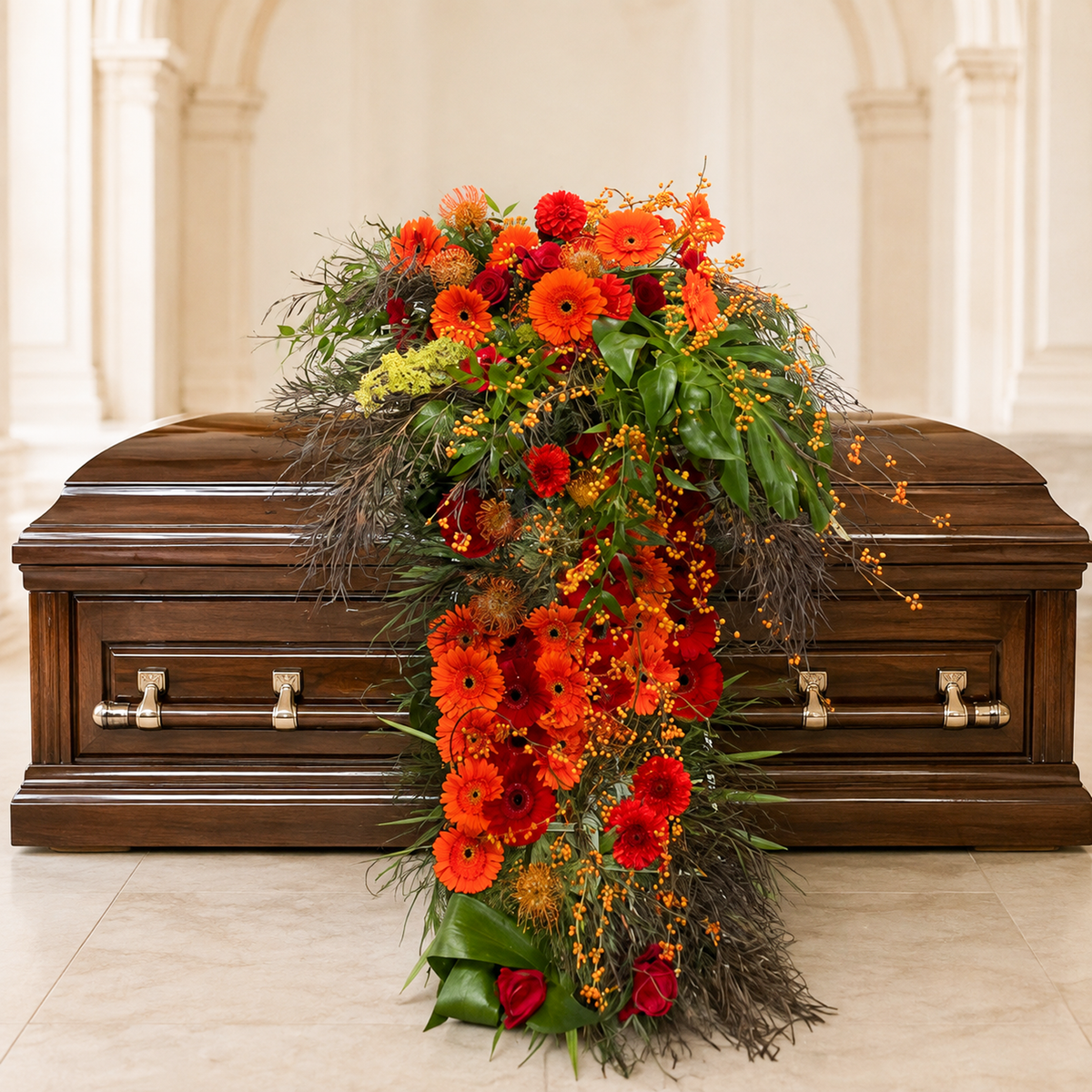 Cascade Casket Spray with orange flowers draping down from the casket all the way to the floor.