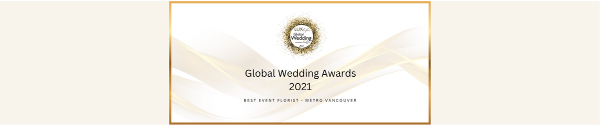 A horizontal beige banner featuring a central white rectangular frame with the text 'Global Wedding Awards 2021' and a small circular award seal near the top center.