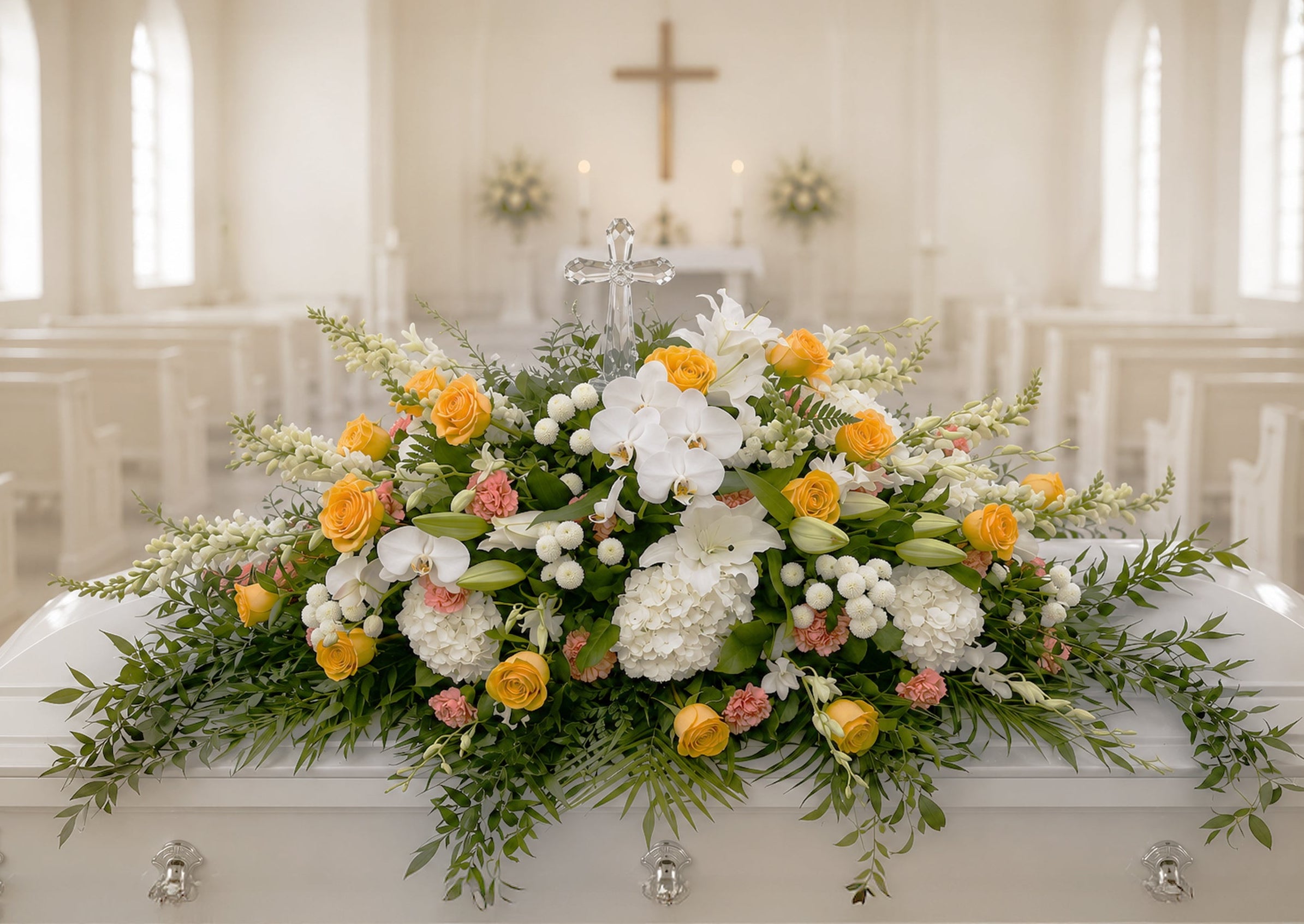 A floral casket arrangement in white, yellow, and pink flowers with green foliage, displayed on a white casket inside a bright, arched church hall.