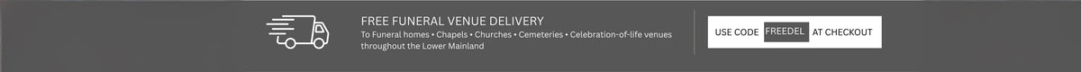 A dark gray promotional banner with a white delivery truck icon and text reading 'FREE FUNERAL VENUE DELIVERY' and 'We transport flowers and cremation arrangements.