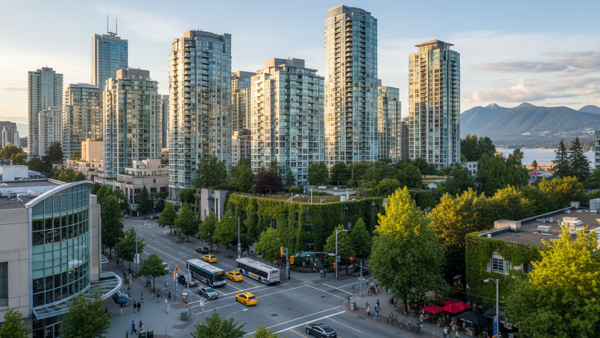 Aerial view of a dense modern city skyline with tall glass high-rises, green trees, a city street with buses and cars, and mountains in the distance under a pale blue sky.