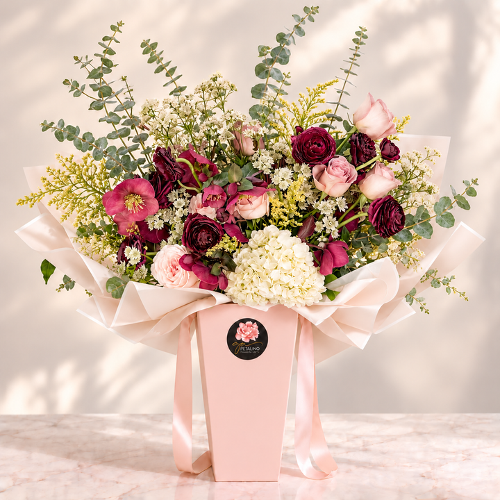 A floral arrangement in a pale pink box with a pink ribbon and a round black logo sticker. The bouquet contains burgundy and pink roses, light pink roses, white baby's breath, green eucalyptus stems, and white hydrangea-like blooms, set on a light marble surface against a softly lit neutral background.