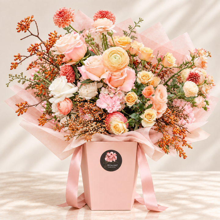 A pastel floral bouquet arranged in a pink gift box with a pink ribbon and a round black logo sticker. The bouquet includes pink, peach, cream, and white flowers with orange-brown berries and green foliage, wrapped in sheer pink tissue paper against a softly lit beige background.