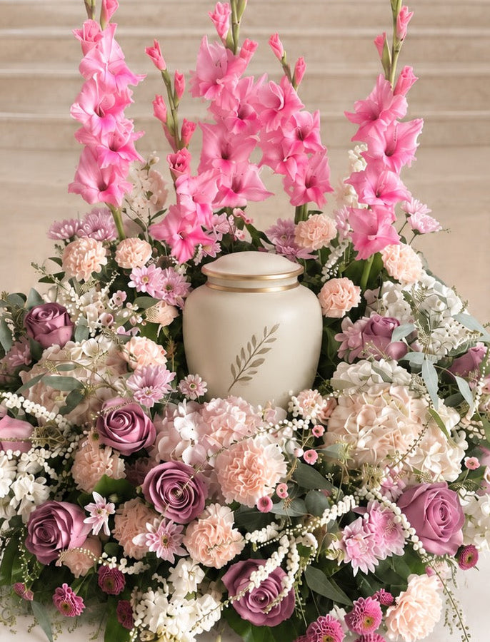 Pink gladiolus urn tribute with blush, mauve and white flowers