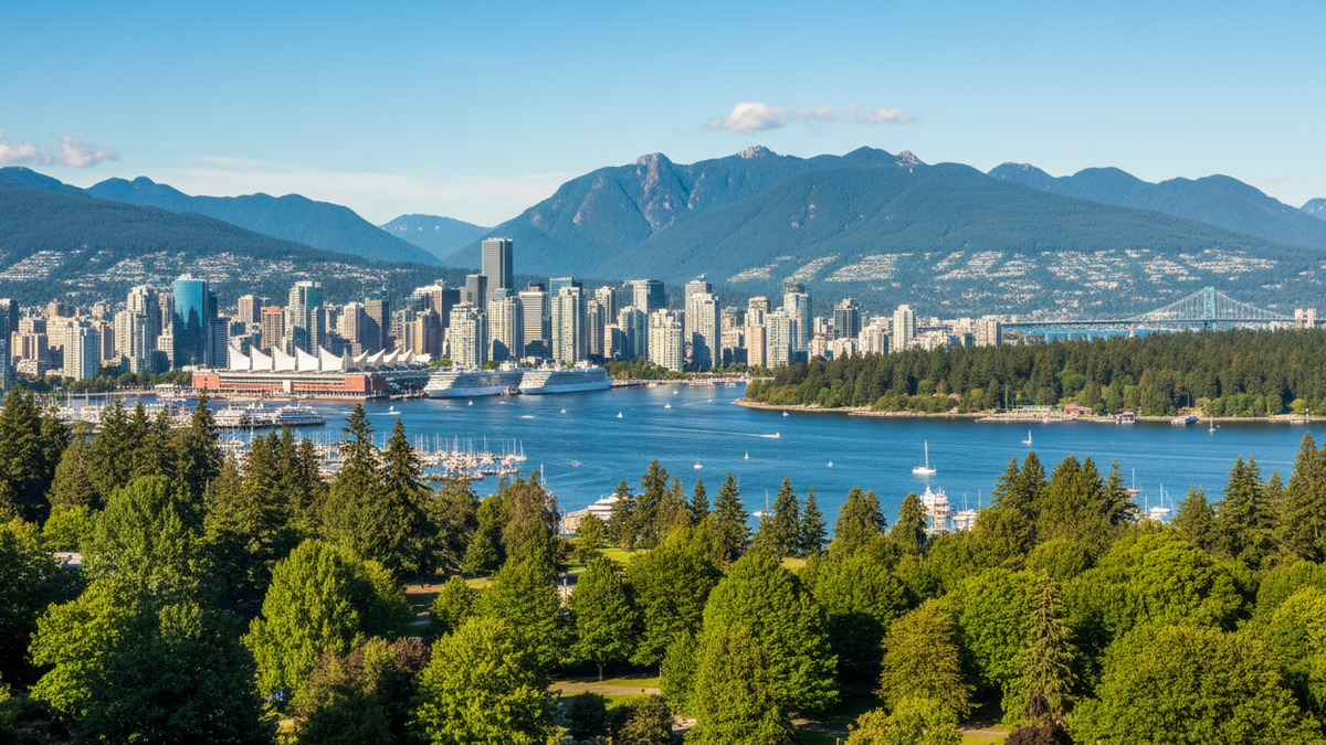 Panoramic view of Vancouver's skyline with the Canada Steamship Terminal, surrounded by blue water, boats, a bridge, and green mountains under a clear blue sky, with a foreground of lush green trees.