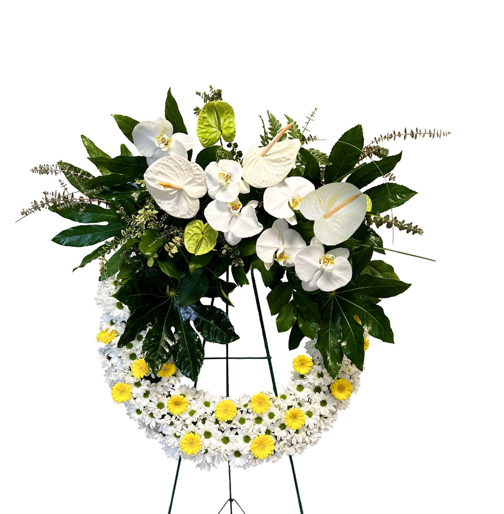 WW-108 Daphne - Wreath spray white cream and green with orchids and Gerbera Daisies