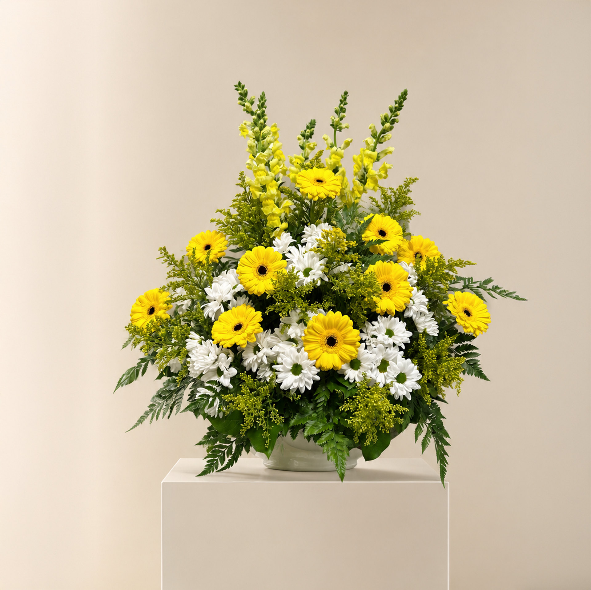 A vibrant flower arrangement featuring bright yellow daisies, white daisy-like flowers, and green foliage, presented in a white vase on a white pedestal against a warm beige background.