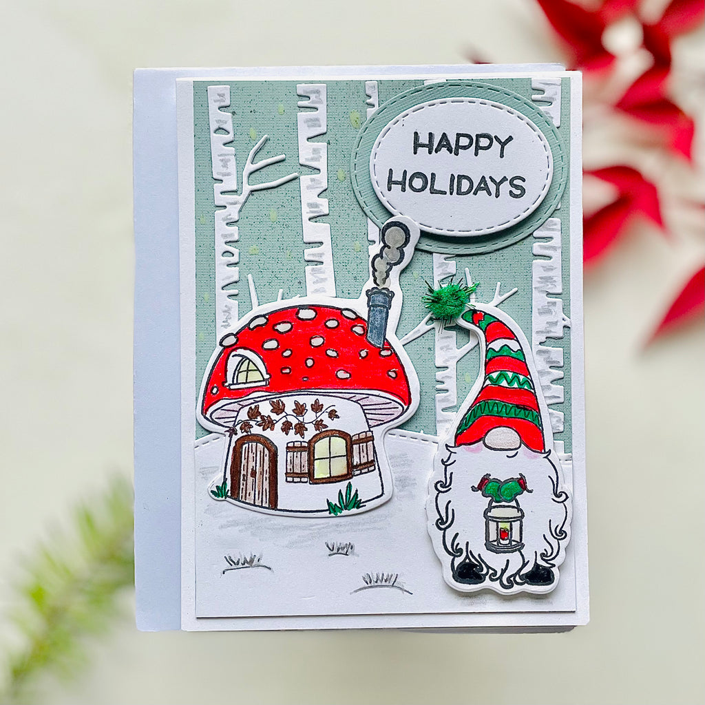 Happy Holidays - Gnome with lantern- Petalino Handmade Cards