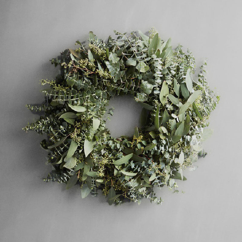 XMAS-1311 All seasons fresh green seeded and baby blue wreath Petalino Flower Bar & Events