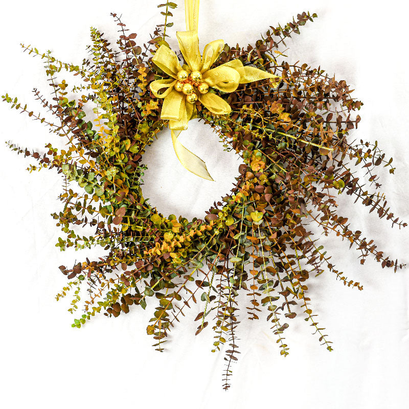XMAS-1345 ALL SEASONS TINTED EUCALYPTUS WREATH - ORANGE, GREEN AND BROWN Petalino Flower Bar & Events
