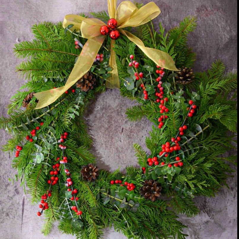 XMAS-1308 Fresh Eucalyptus and Christmas green wreath Petalino Flower Bar & Events