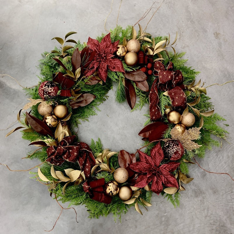 XMAS-1301 BURGUNDY AND DARK GOLD FRESH WREATH Petalino Flower Bar & Events