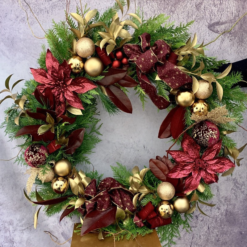 XMAS-1301 BURGUNDY AND DARK GOLD FRESH WREATH Petalino Flower Bar & Events